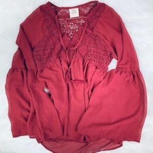 Knox Rose Burgandy Lace Boho Top with Bell Sleeves